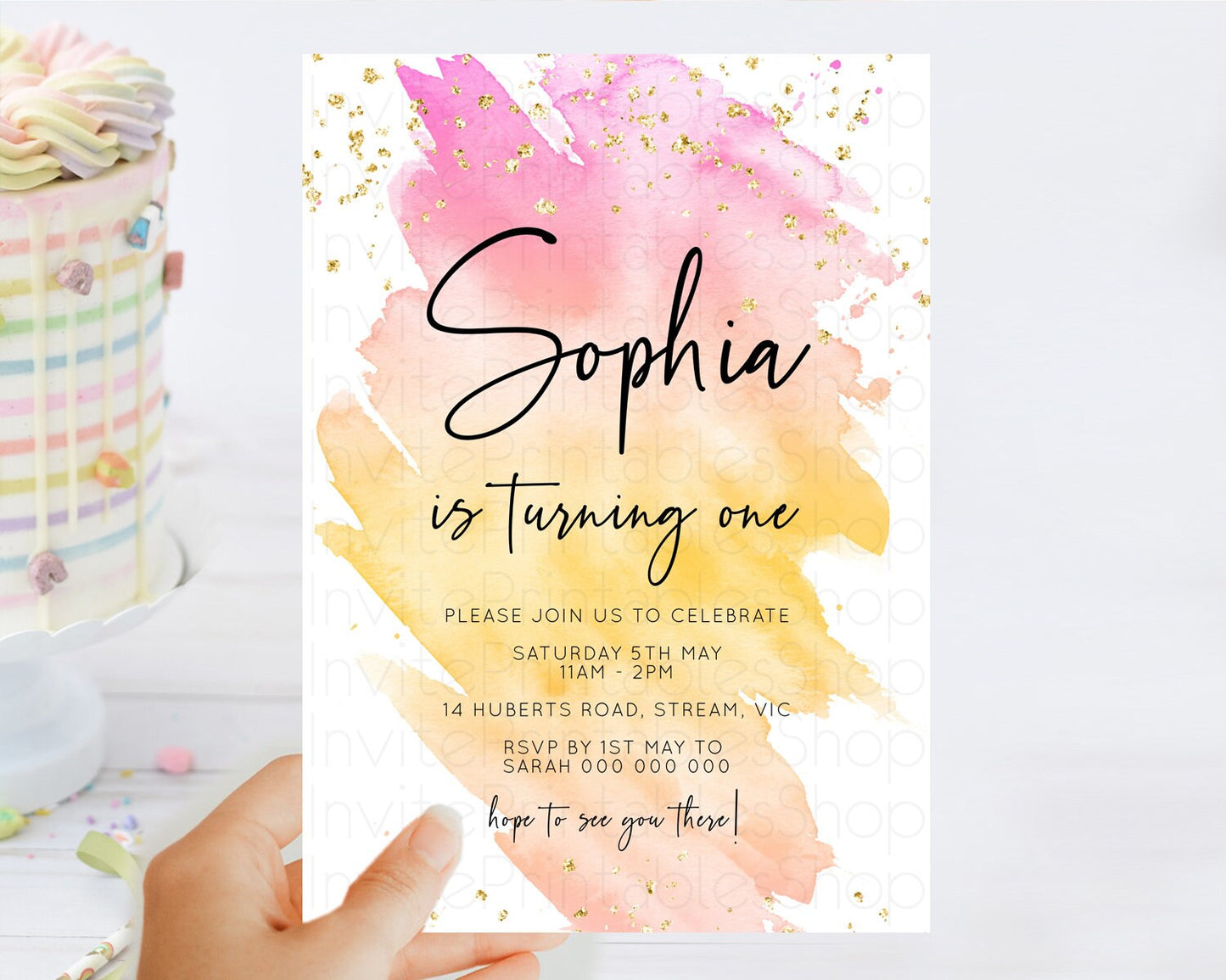 Rainbow Birthday Invitation Colorful Pastel Watercolor Invitation Gold Glitter Sprinkles Ombre Pastel 1st 2nd 3rd Birthday D10527