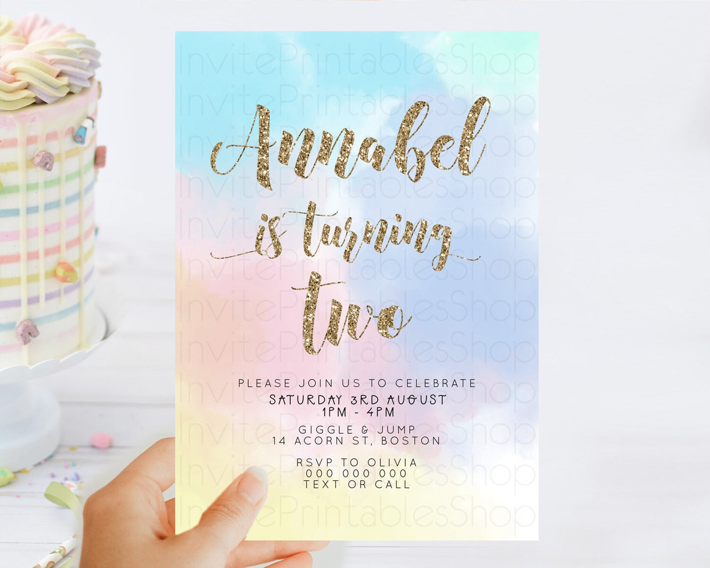 Rainbow Birthday Invitation Colorful Pastel Watercolor Invitation Gold Glitter Sprinkles Ombre Pastel 1st 2nd 3rd Birthday D10378