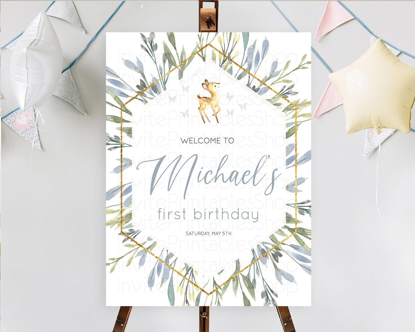 Fawn Welcome Sign Deer Welcome Board Floral Deer Welcome Poster Enchanted Forest Butterfly Pastel Floral First Birthday Welcome Sign D10400