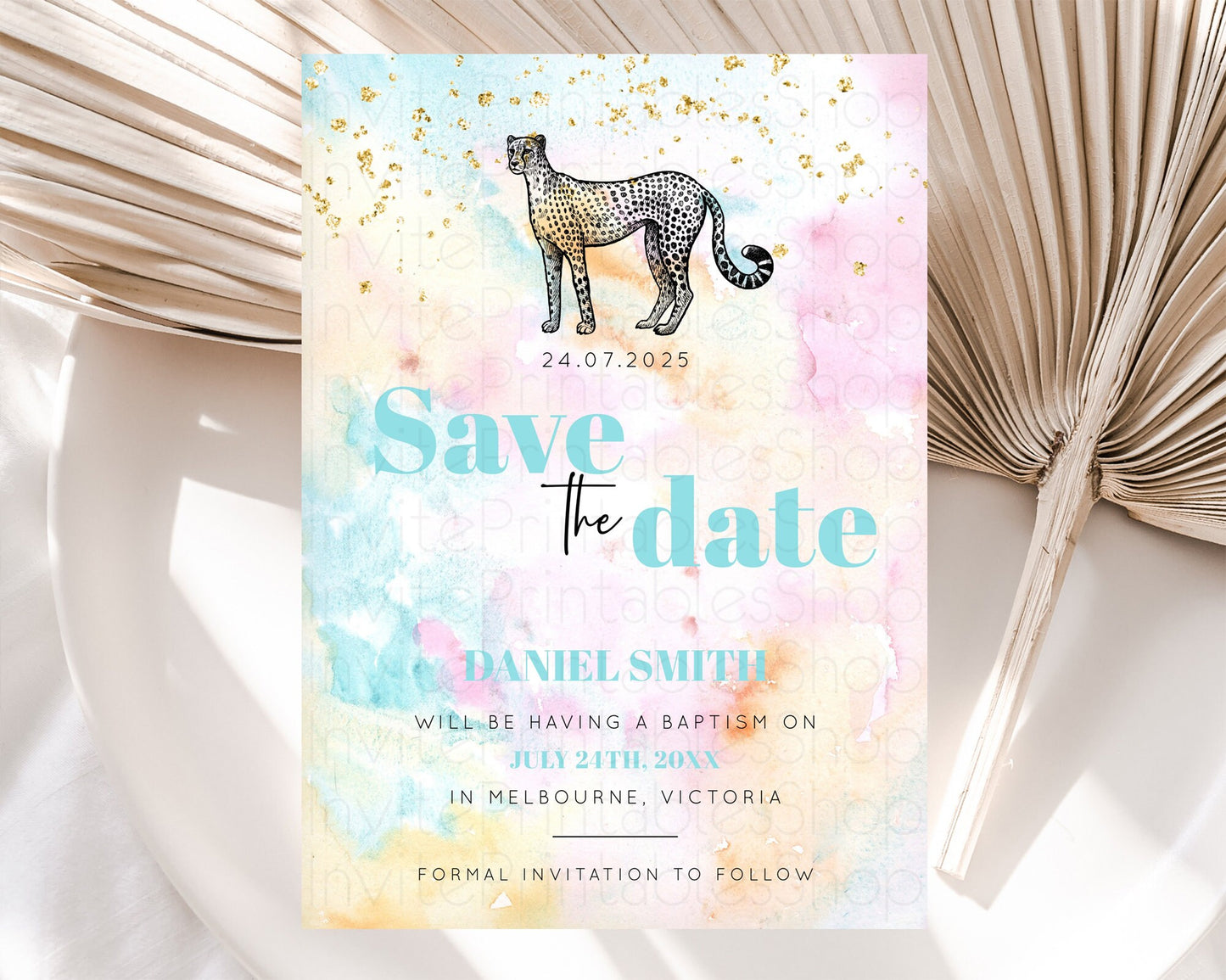 Pastel Cheetah Save The Date Template Rainbow Watercolor Cheetah Party Save The Date Colorful Cheetah Birthday Baptism Baby Shower D10289