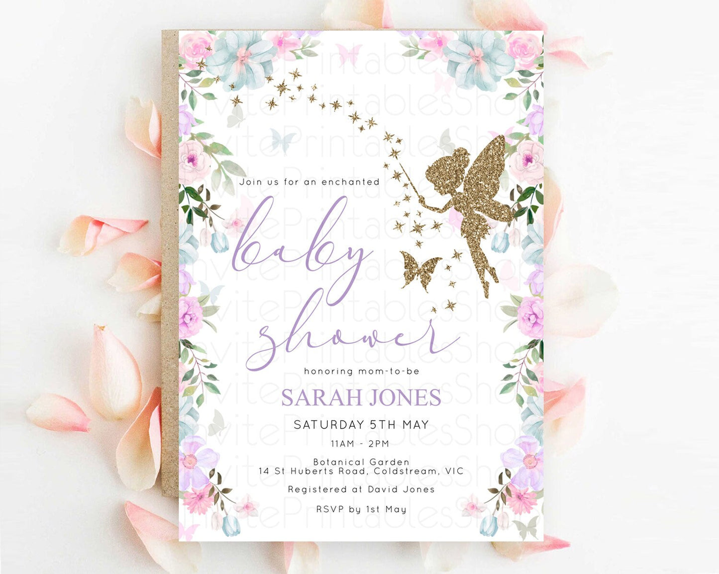 Fairy Baby Shower Invitation Pastel Fairy Invites Fairy Tea Party Fairy Garden Theme Secret Garden Enchanted Garden Floral Butterfly D10475