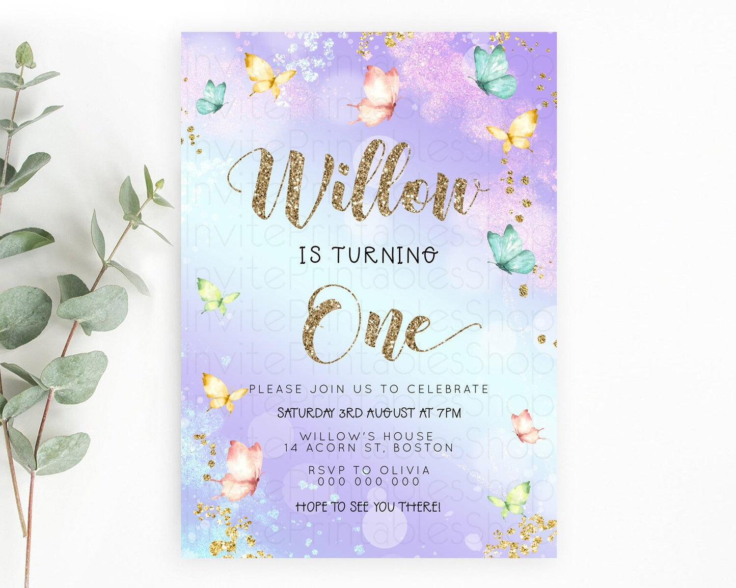 Pastel Butterfly Birthday Invitation Butterfly Birthday Invitation Colorful Splash Glitter Butterfly Garden 1st 2nd Birthday D23082