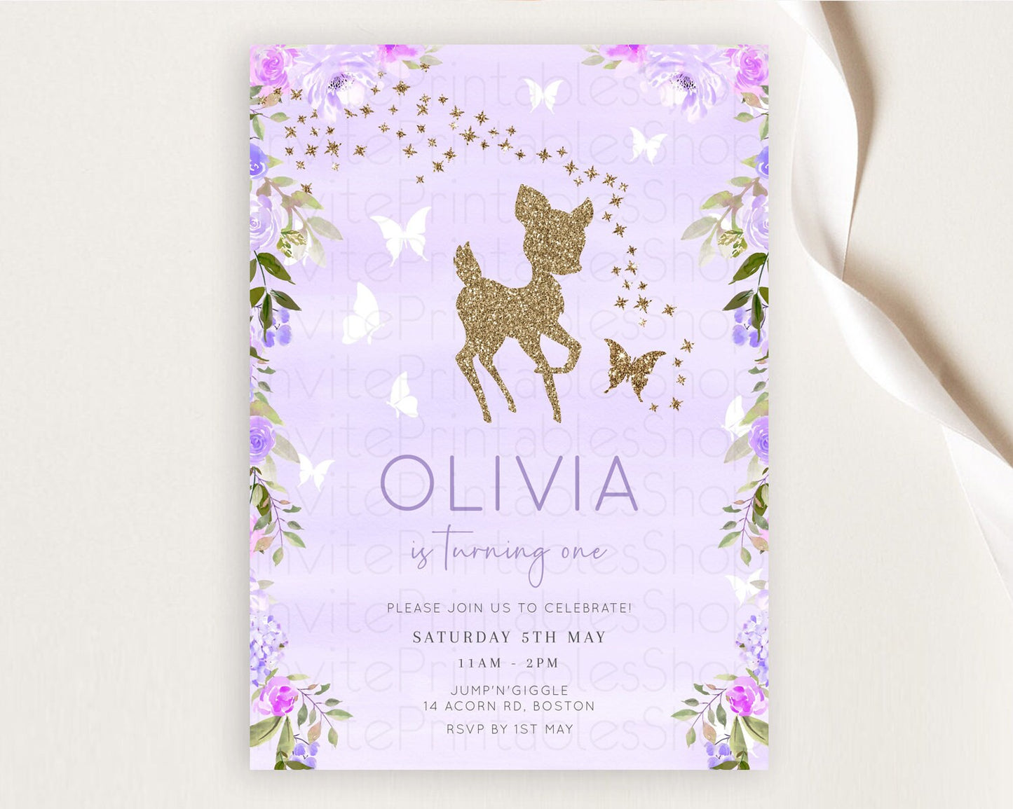 Fawn Birthday Invitation Deer Birthday Invitation Enchanted Forest Party Butterfly Pastel Flowers Whimsical 2nd 1st First Birthday D10963