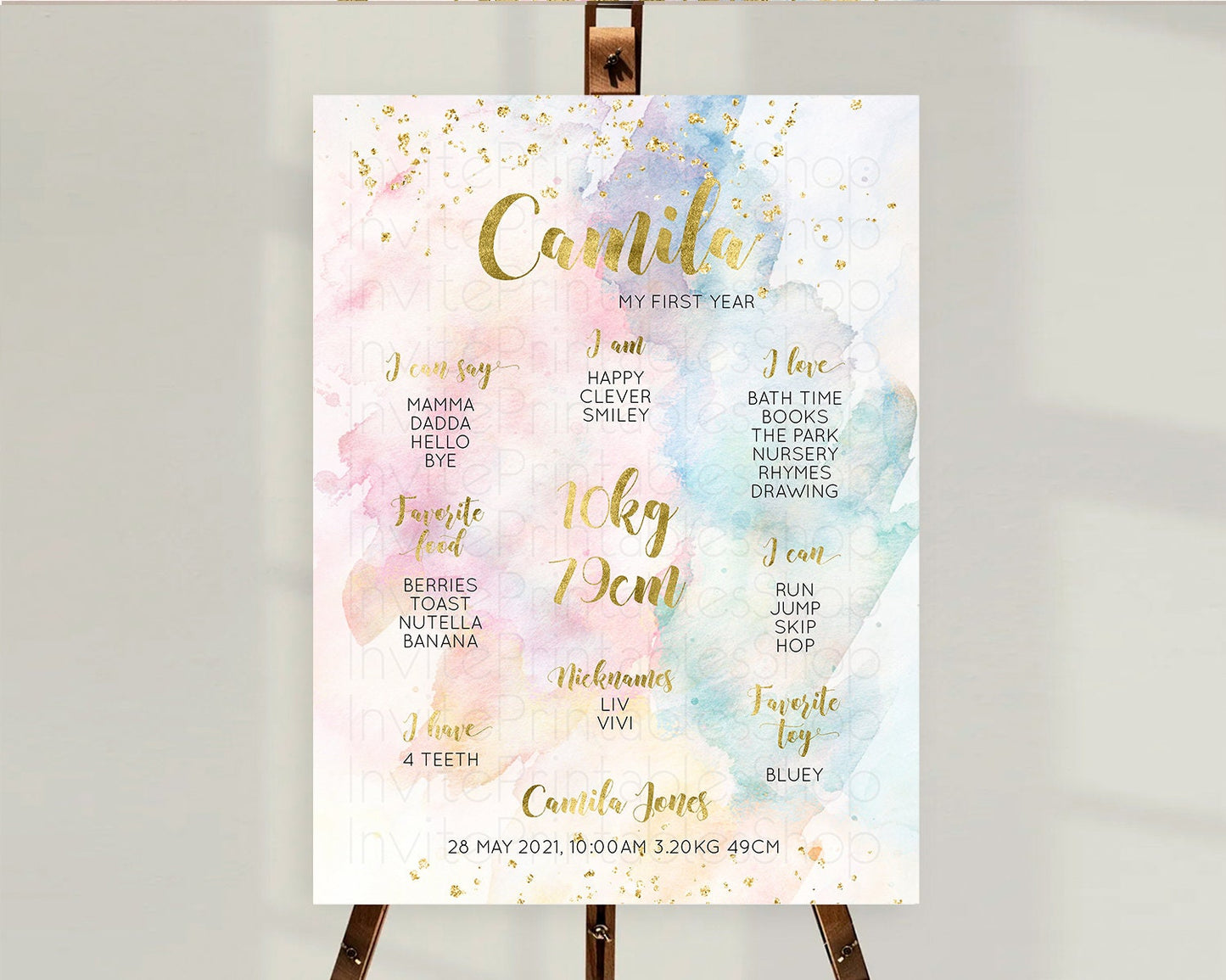 Pastel First Birthday Milestone Board Pastel Rainbow Milestone Poster Colorful Confetti Watercolor Glitter 1st Birthday Welcome Sign D10265