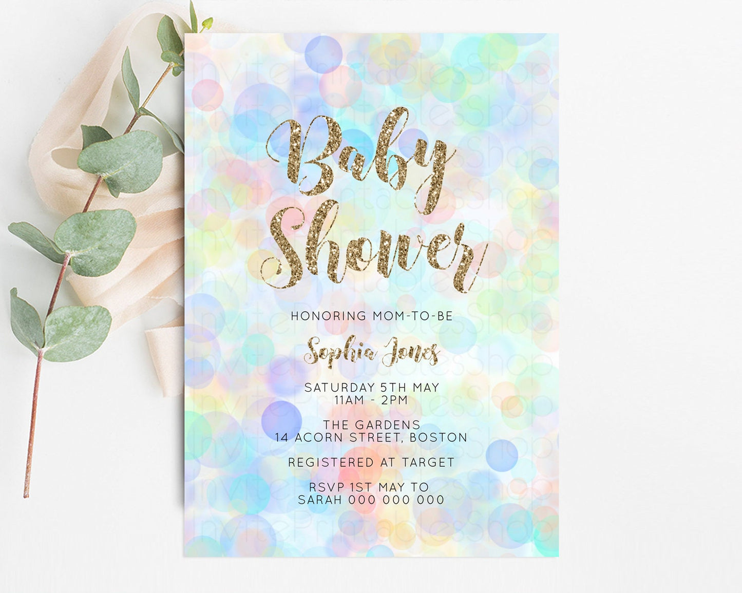 Rainbow Baby Shower Invitation Pastel Invite Colorful POP Invitation Confetti Sprinkles Invite Oh Baby Glitter Blue Pink Yellow Green G500