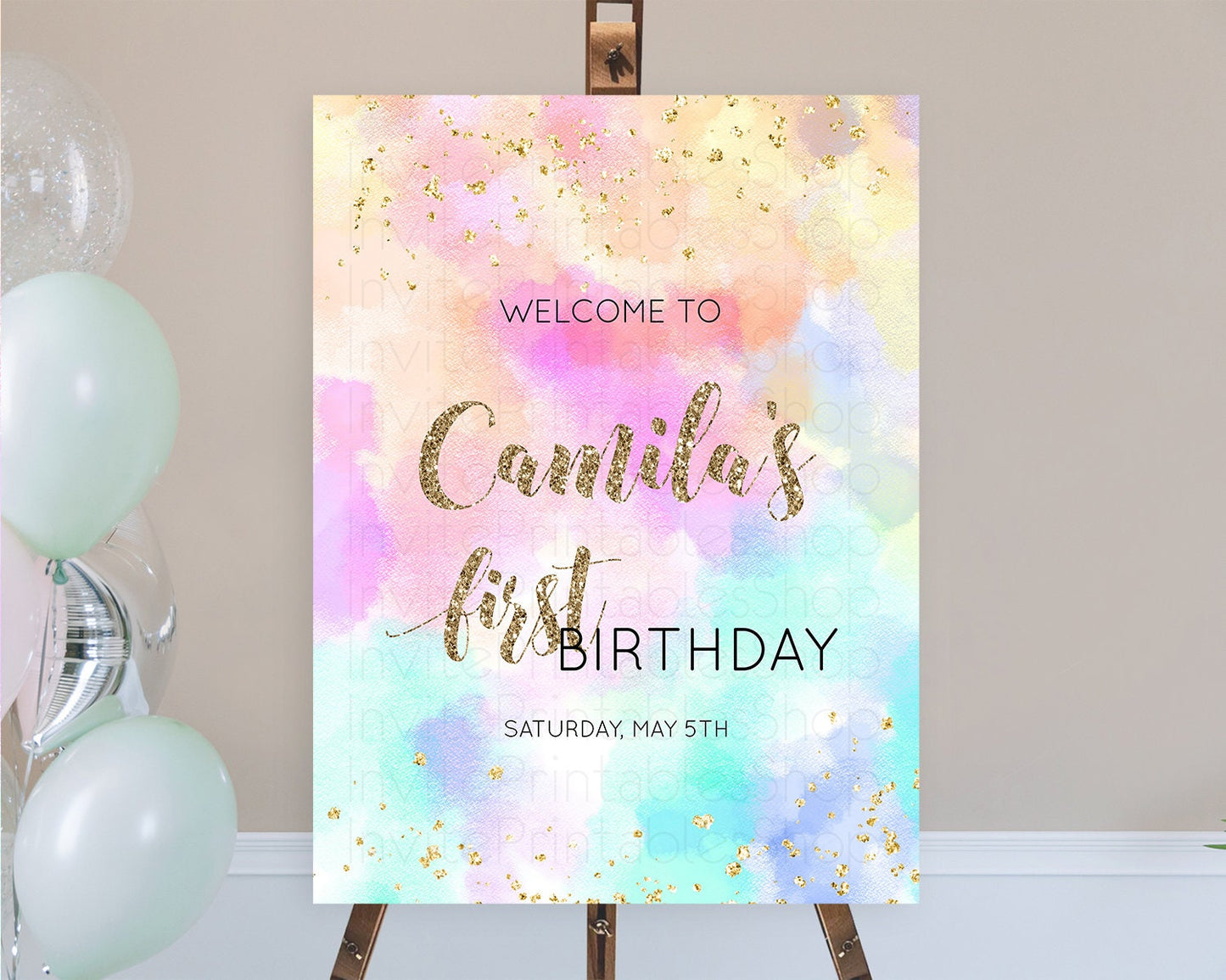 Pastel Welcome Sign Pastel Rainbow Welcome Sign Colorful Rainbow Confetti Watercolor Glitter Pastel First Birthday Welcome Sign D10669