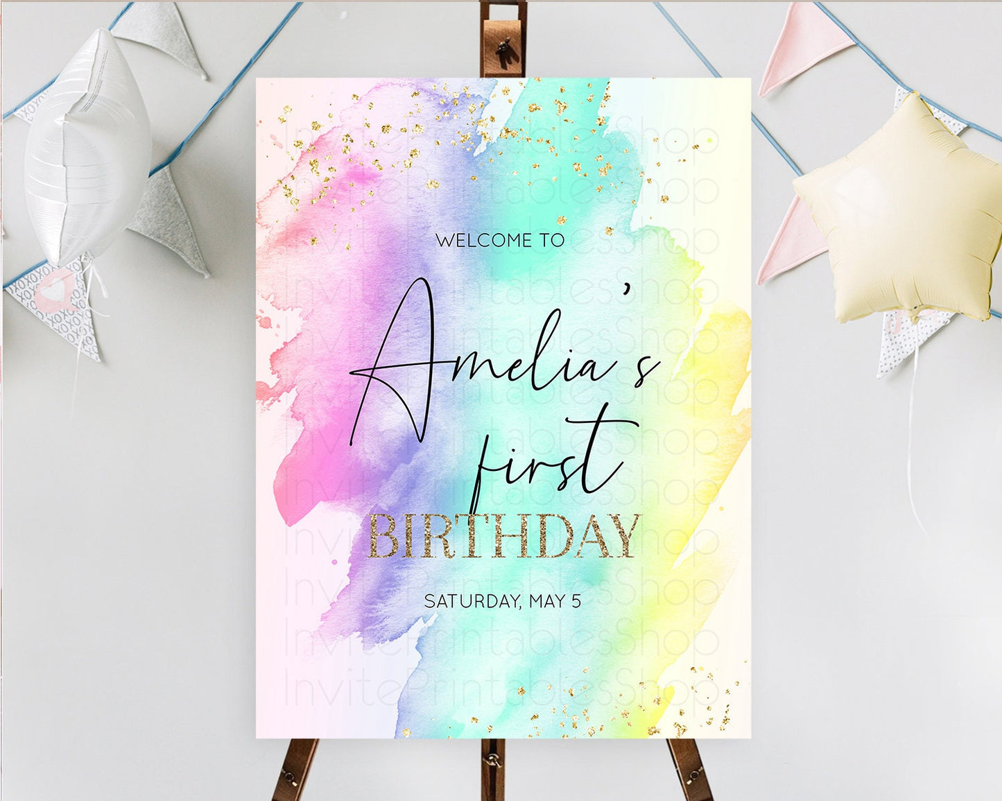 Pastel Welcome Sign Pastel Rainbow Welcome Sign Colorful Rainbow Confetti Watercolor Glitter Pastel First Birthday Welcome Sign D10231