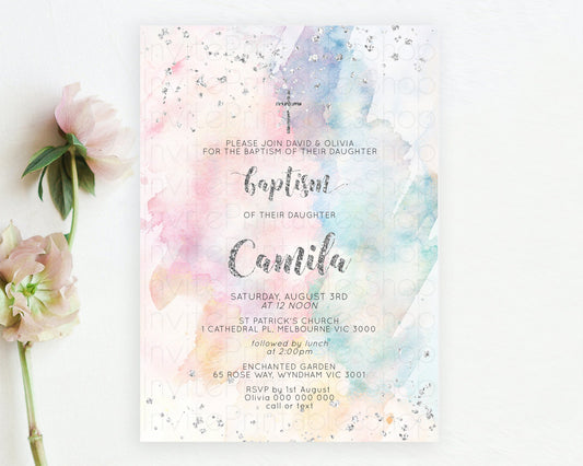 Editable Rainbow Baptism Invitation Colorful Pastel Watercolor Baptism 1st B