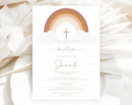Editable Pastel Rainbow Baptism Invitation Boho Rainbow Baptism 1st Birthday