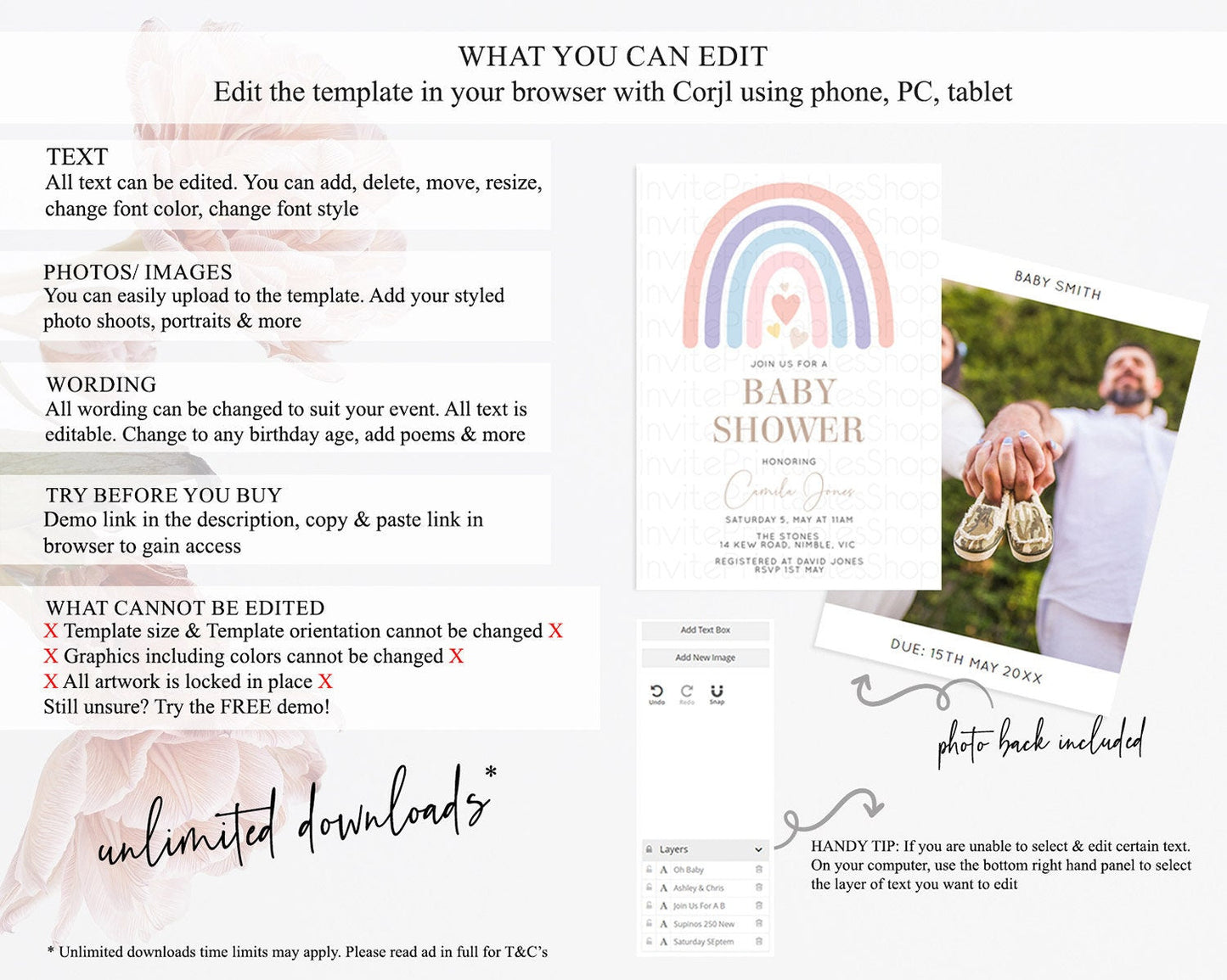 Pastel Rainbow Baby Shower Invitation Boho Rainbow with Cute Hearts - Pastel Colors Pink, Purple, Blue Perfect for Gender Reveal D10788
