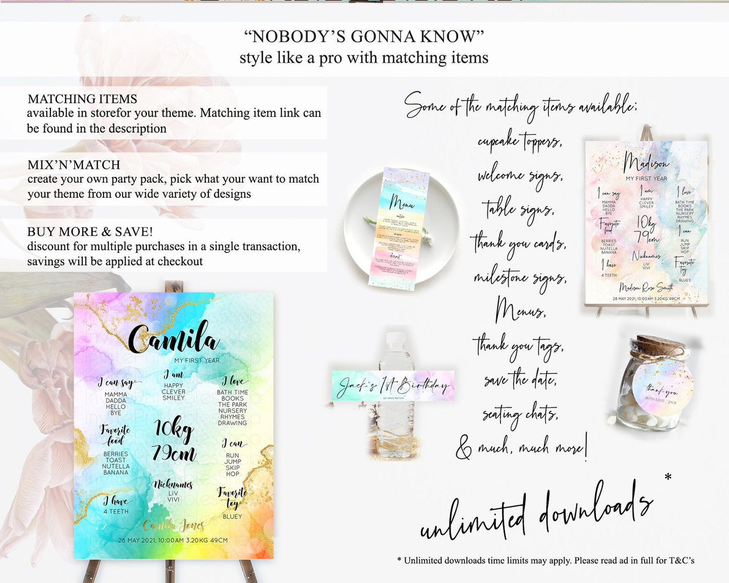 Pastel First Birthday Milestone Board Pastel Rainbow Milestone Poster Colorful Confetti Watercolor Glitter 1st Birthday Welcome Sign D10392