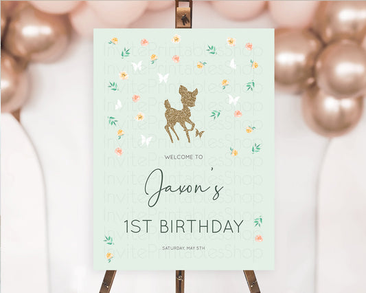 Fawn Welcome Sign Deer Welcome Board Floral Deer Welcome Poster Enchanted Forest Butterfly Pastel Floral First Birthday Welcome Sign D10385