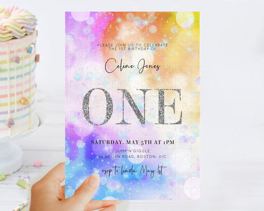 Editable Rainbow Birthday Invitation Colorful Pastel Watercolor Silver Glitt
