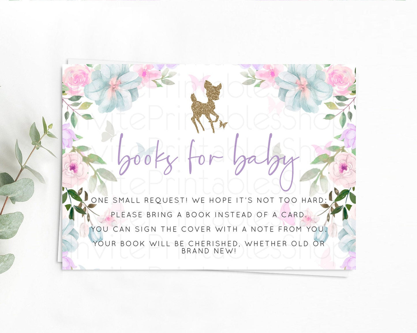 Fawn Books For Baby Card Deer Book Insert Floral Deer Book Card Enchanted Forest Butterfly Pastel Baby Shower Book Poem Request D10476