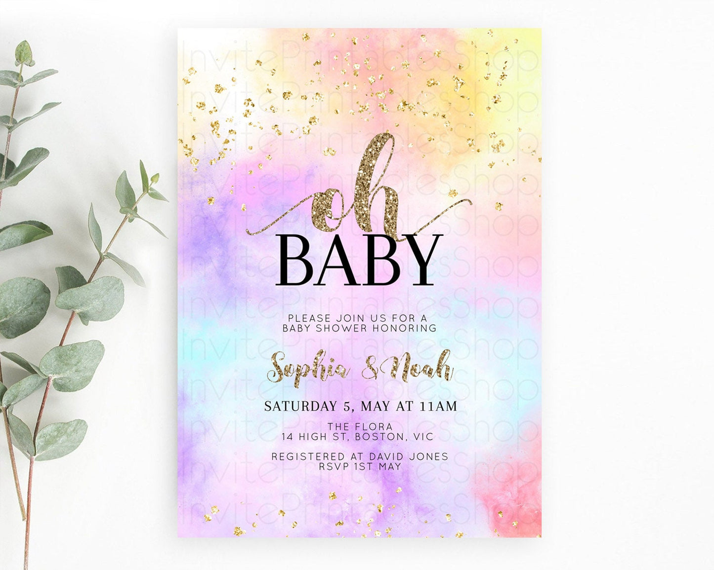 Pastel Baby Shower Invitation Rainbow Baby Shower Invitation Colorful Pastel Watercolor Invitation Gold Glitter Sprinkles Ombre D10435