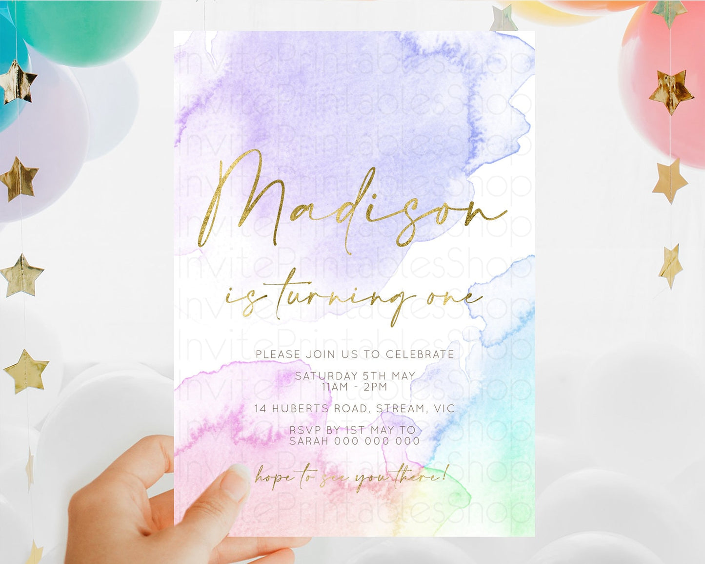 Rainbow Birthday Invitation Colorful Pastel Watercolor Invitation Gold Glitter Sprinkles Ombre Pastel 1st 2nd 3rd Birthday D10215