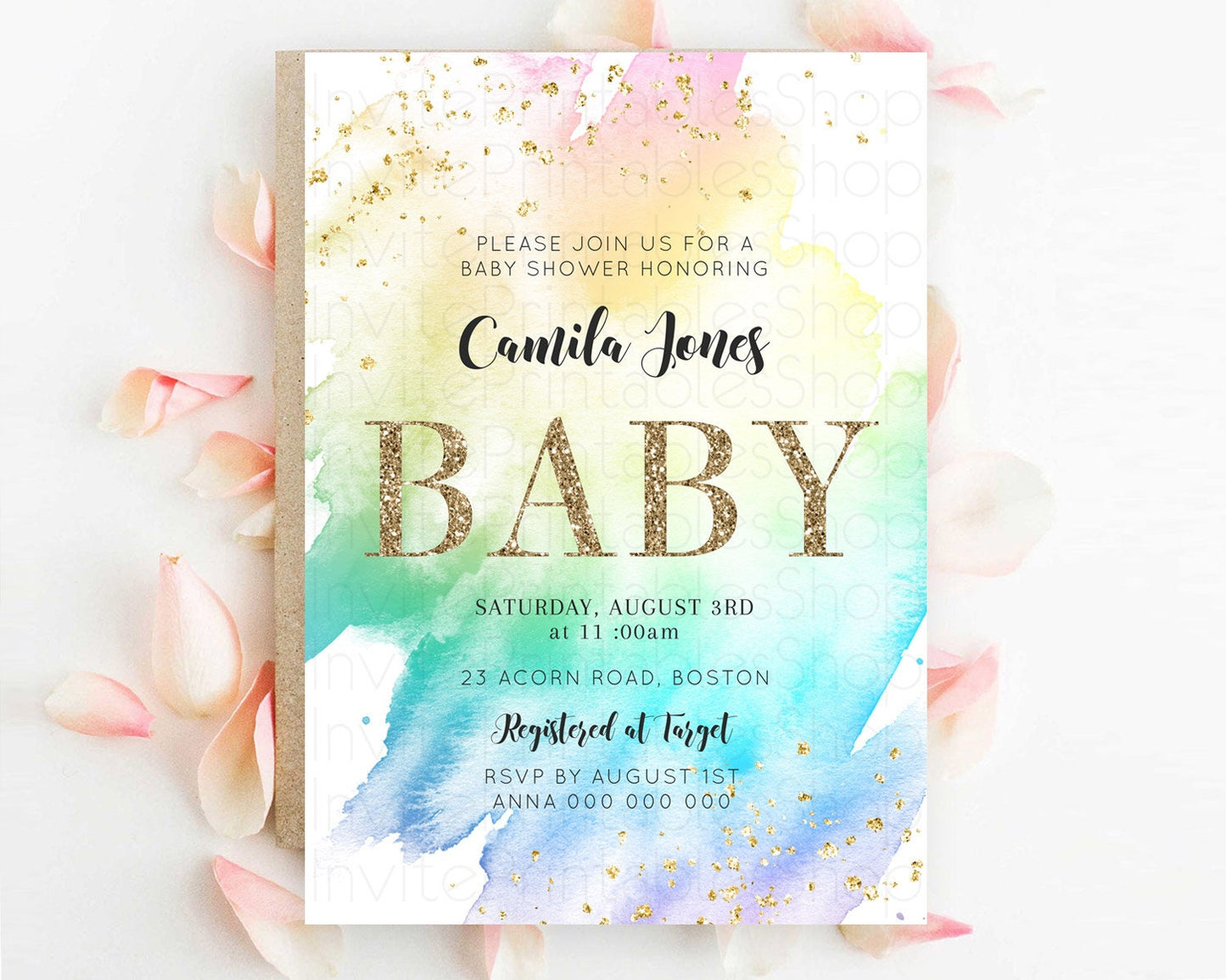 Pastel Rainbow Baby Shower Invitation with Gold Glitter Sprinkles, Colorful Watercolor Ombre Theme in Pink, Yellow, Blue, and Purple D10256