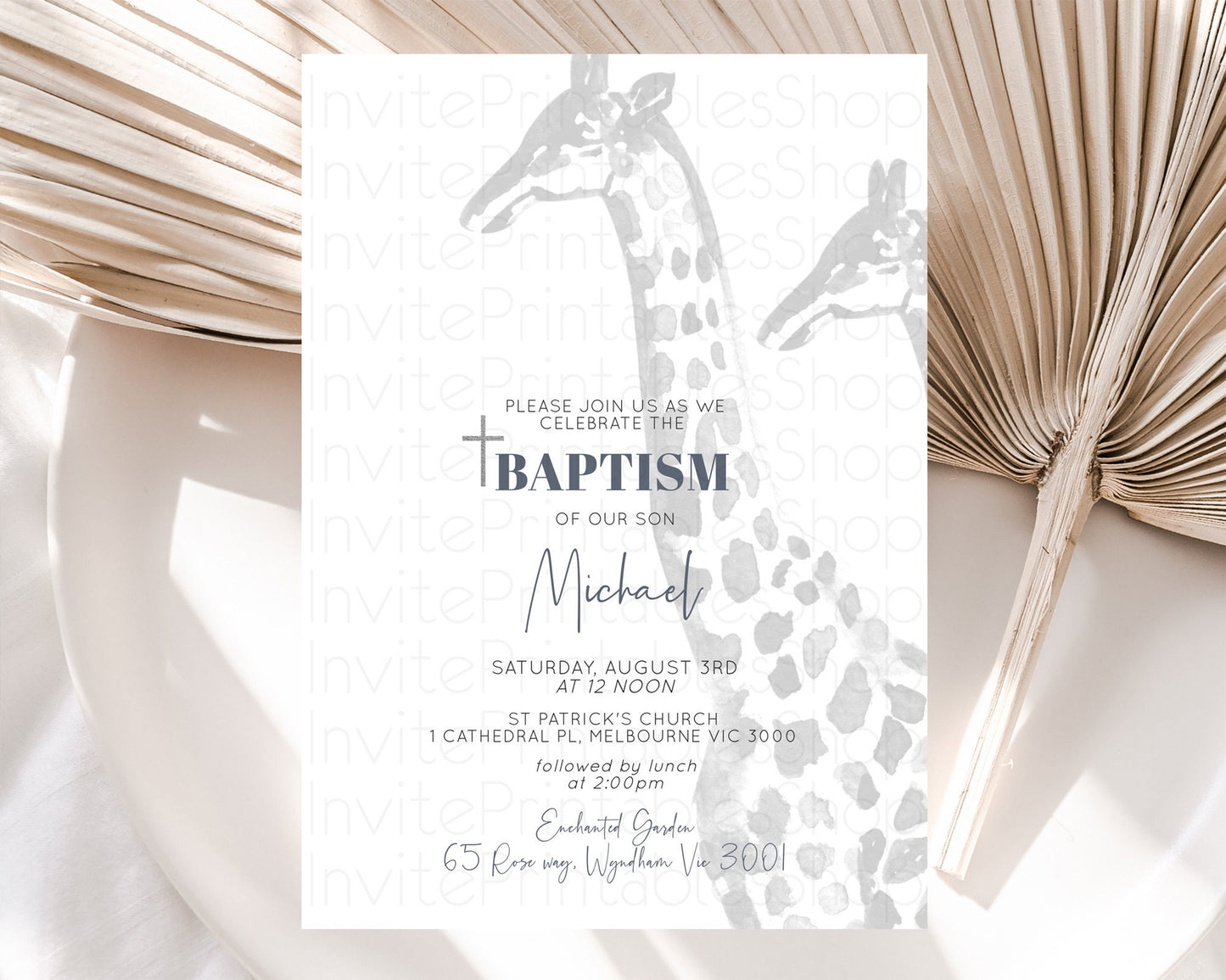 Giraffe Baptism Invitation Giraffe Baptism 1st Birthday Invitation Watercolor Wild Safari Giraffe Zoo Animal Christening Invitation D10306