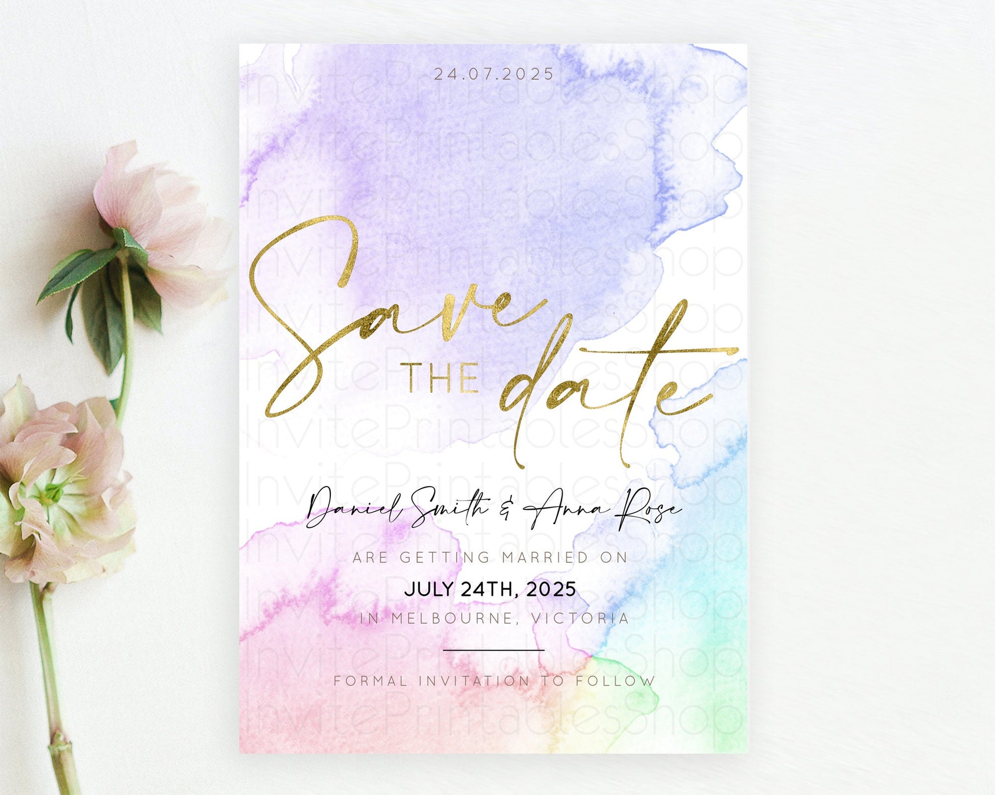 Editable Pastel Save The Date Template Pastel Ombre Rainbow Watercolor Color