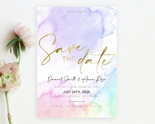 Editable Pastel Save The Date Template Pastel Ombre Rainbow Watercolor Color