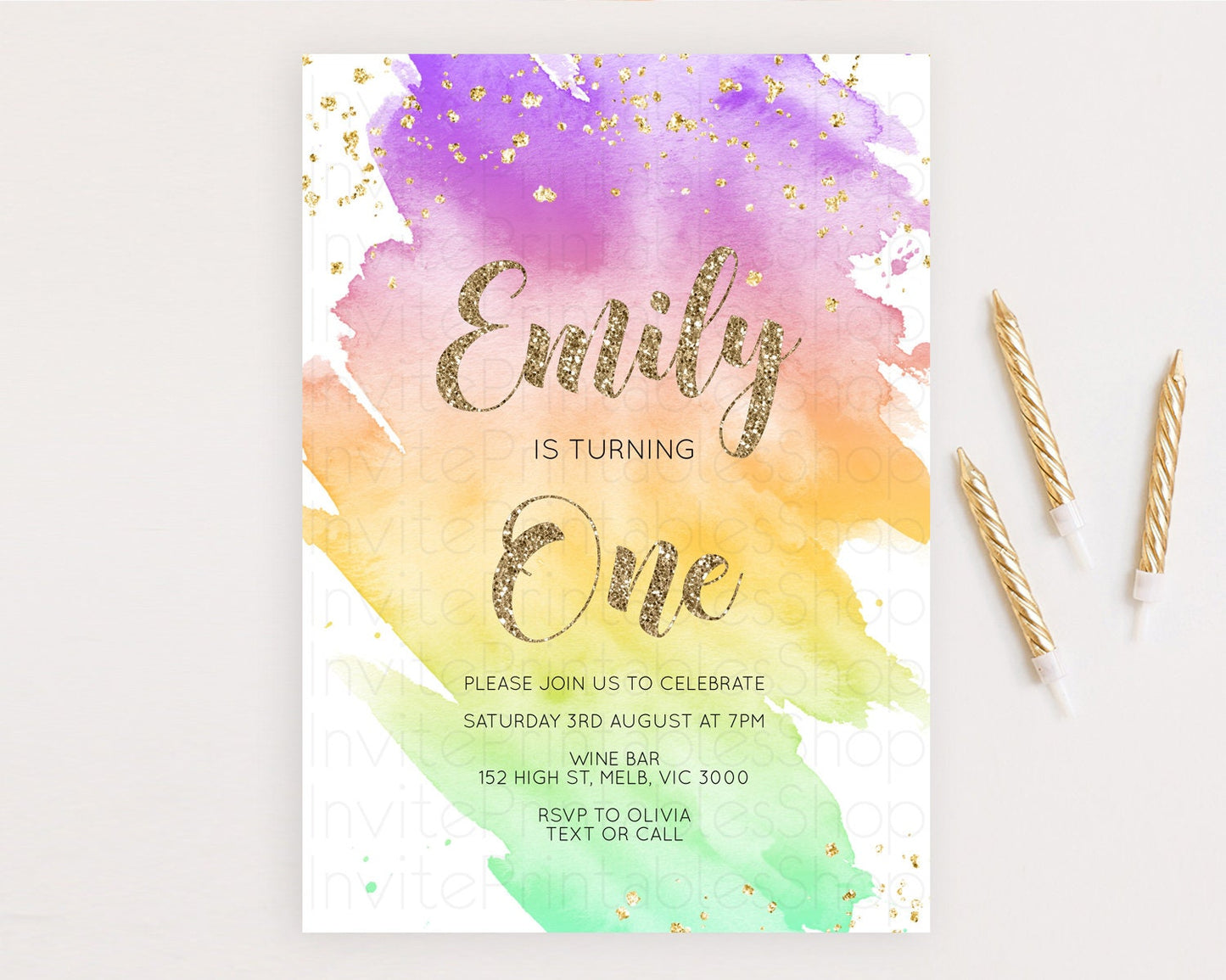 Rainbow Birthday Invitation Colorful Pastel Watercolor Invitation Gold Glitter Sprinkles Ombre Pastel 1st 2nd 3rd Birthday D10517