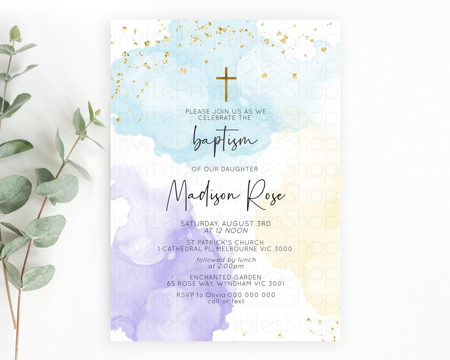 Pastel Baptism Invitation Pastel Colors Watercolor Baptism 1st Birthday Party Gold Ombre Pastel Rainbow Christening Holy Communion D10208