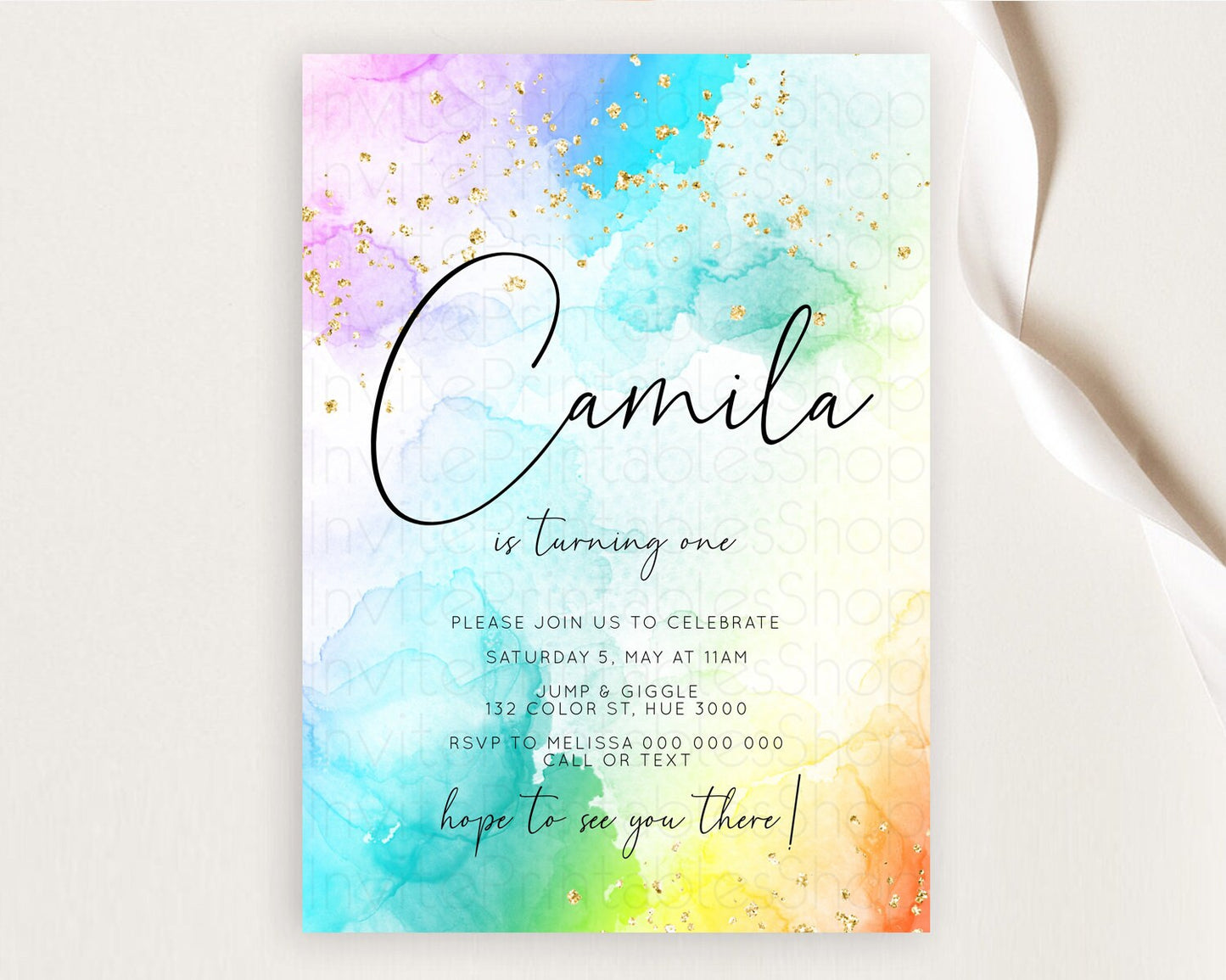 Rainbow Birthday Invitation Colorful Pastel Watercolor Invitation Gold Glitter Sprinkles Ombre Pastel 1st 2nd 3rd Birthday D10771