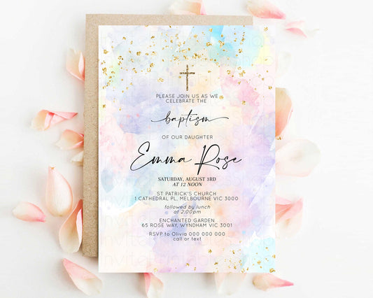 Pastel Baptism Invitation Rainbow Christening Invitation Holy Communion Invite Baptism 1st Birthday Sprinkles Ombre Watercolor Splash