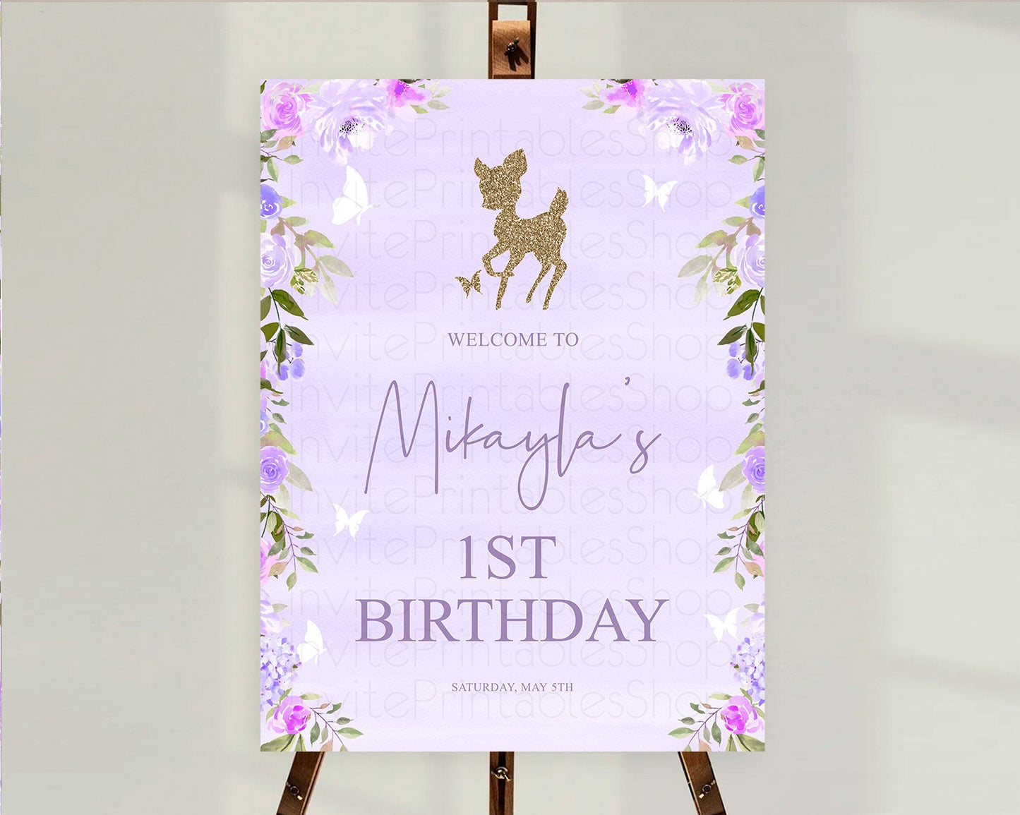 Fawn Welcome Sign Deer Welcome Board Floral Deer Welcome Poster Enchanted Forest Butterfly Pastel Floral First Birthday Welcome Sign D10963