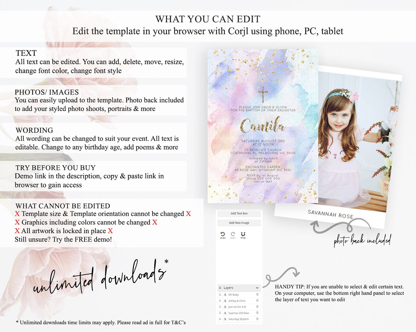 Pastel Baptism Invitation Pastel Colors Watercolor Baptism 1st Birthday Party Gold Ombre Pastel Rainbow Christening Holy Communion D10583