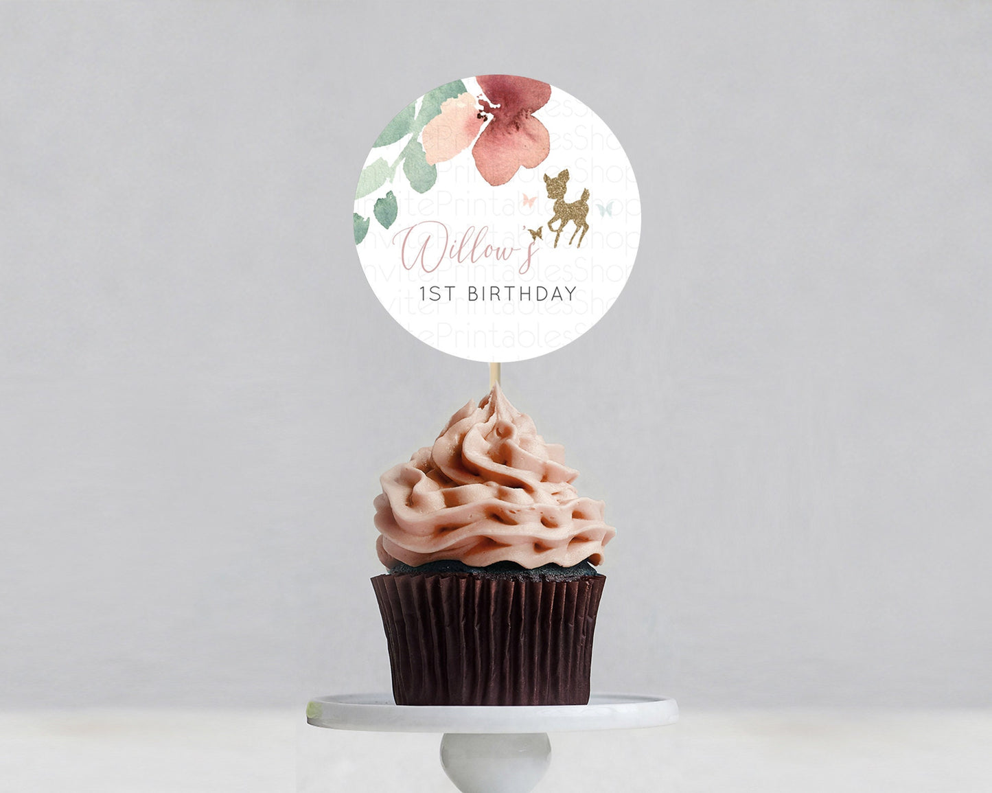 Fawn Cupcake Toppers Deer Cupcake Toppers Enchanted Forest Party Butterfly Pastel Flowers Woofland Cupcake Toppers First Birthday D10459