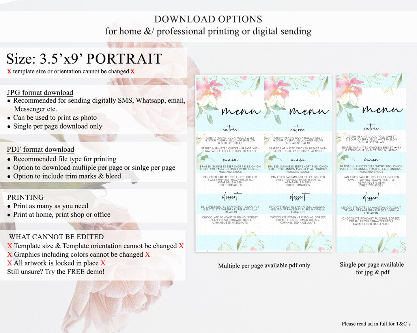 Secret Garden Menu Wildflower Menu Template Pastel Flower Garden Table Decor Boho Floral Dinner Dessert Floral Party Food Menu D10303