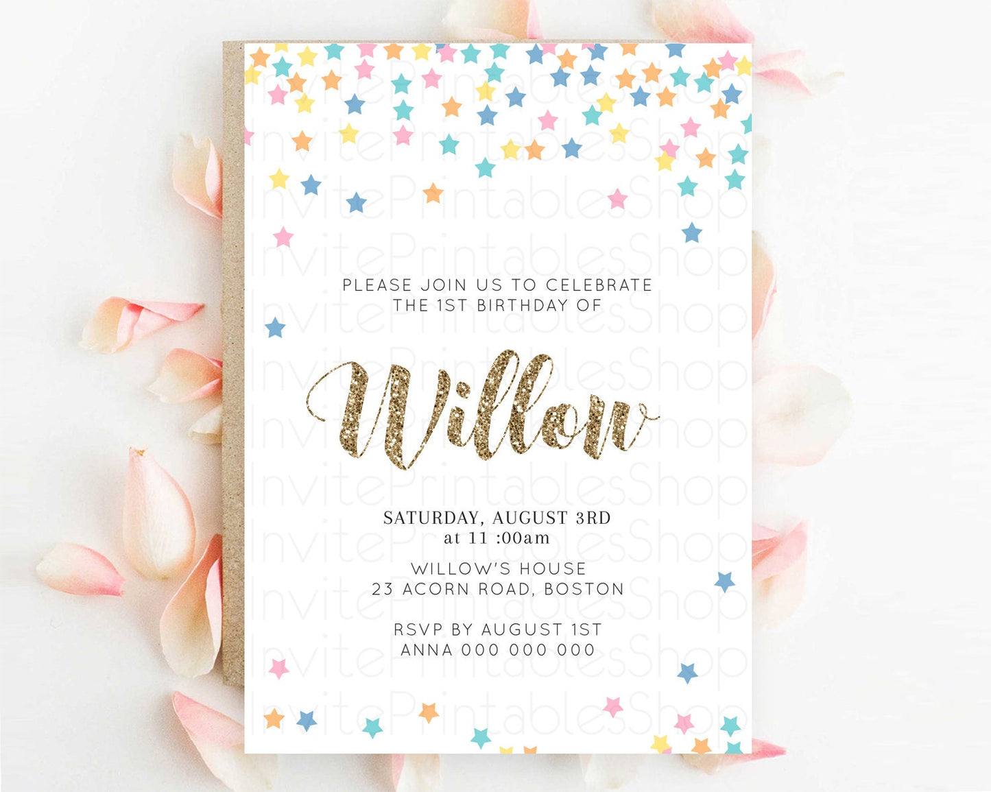 Star Birthday Invitation Pastel Stars Invite Shooting Star Party Rainbow Colorful Confetti Twinkle Little Star 2nd First Birthday D10298