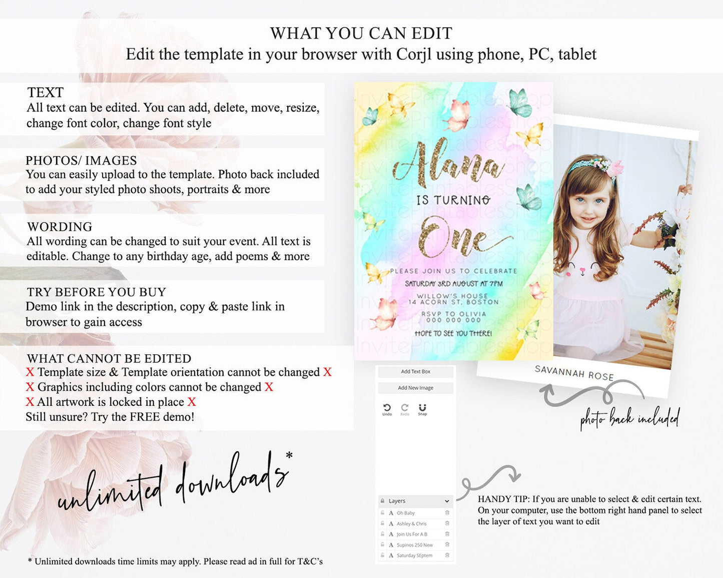 Pastel Butterfly Birthday Invitation Butterfly Birthday Invitation Colorful Splash Glitter Butterfly Garden 1st 2nd Birthday D23238