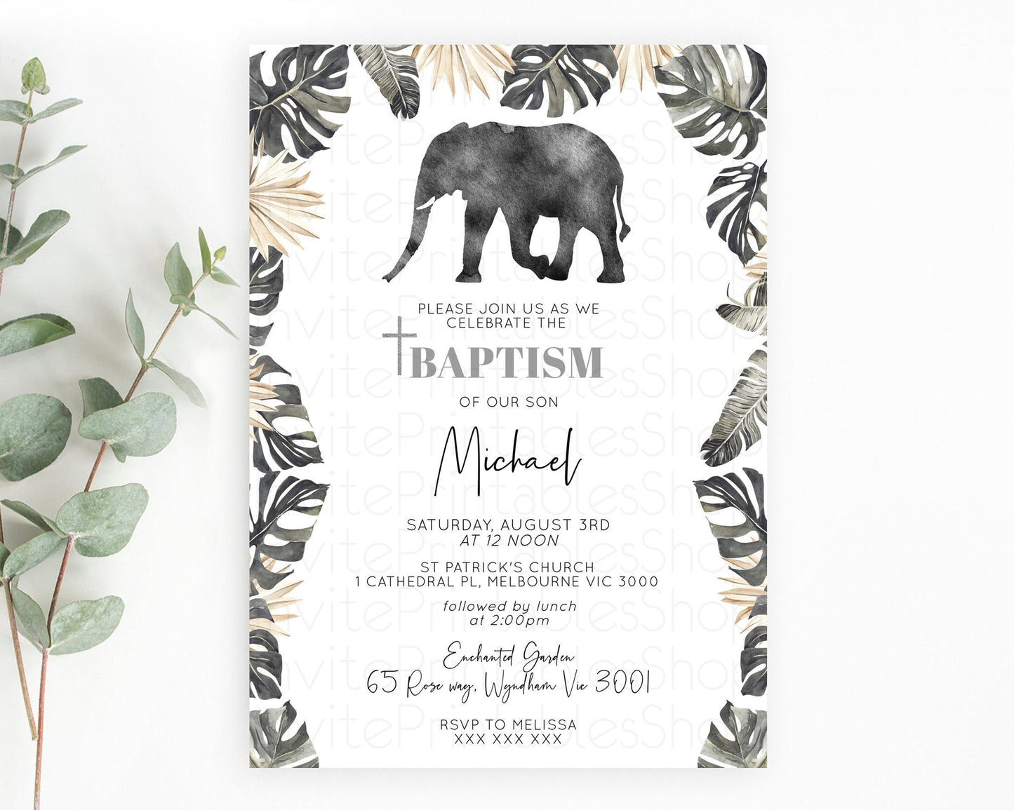 Elephant Baptism Invitation Elephant Baptism 1st Birthday Invitation Safari Christening Invitation TWO Wild ONE Jungle Adventure Zoo D10803