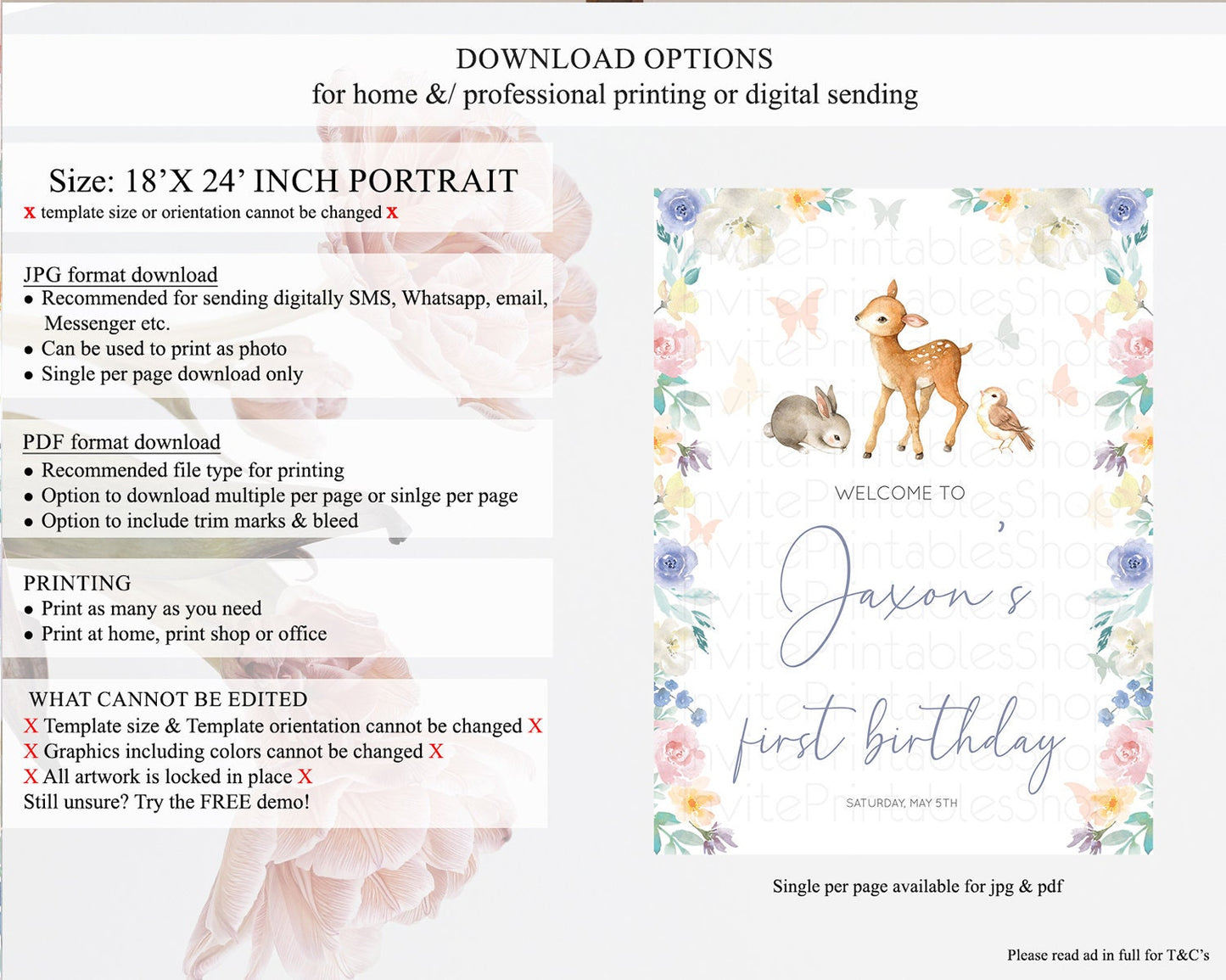 Fawn Welcome Sign Deer Welcome Board Floral Deer Welcome Poster Enchanted Forest Butterfly Pastel Floral First Birthday Welcome Sign D10930