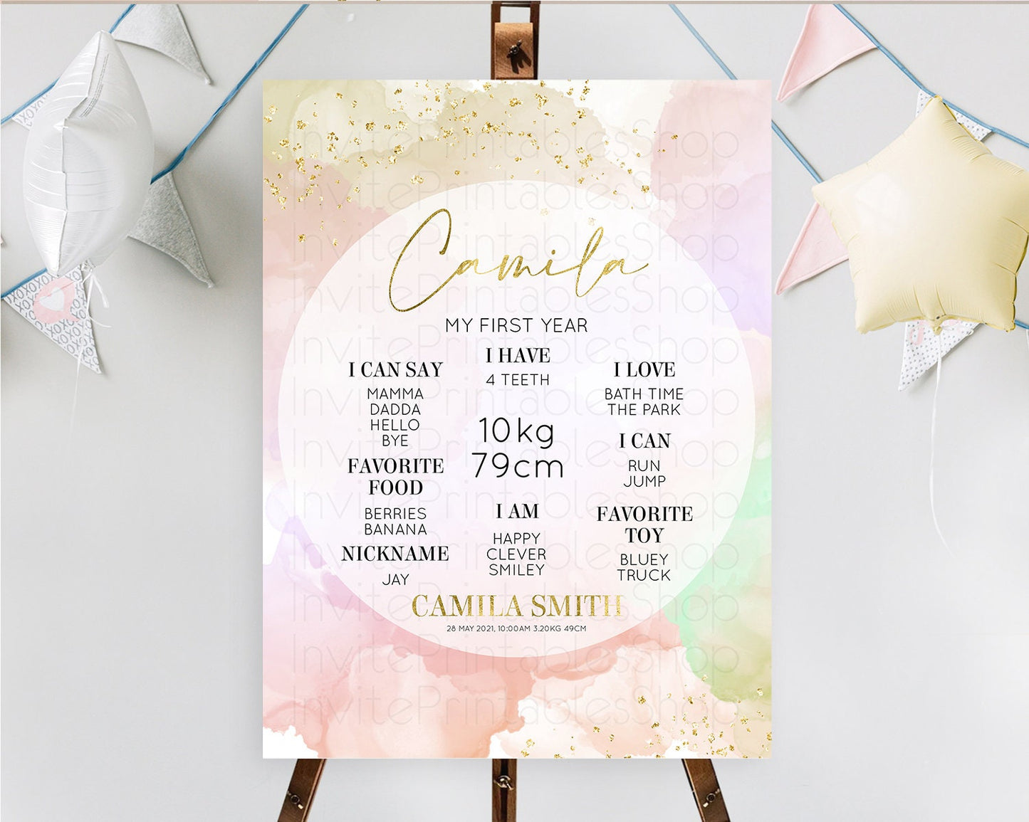 Pastel First Birthday Milestone Board Pastel Rainbow Milestone Poster Colorful Confetti Watercolor Glitter 1st Birthday Welcome Sign D10627
