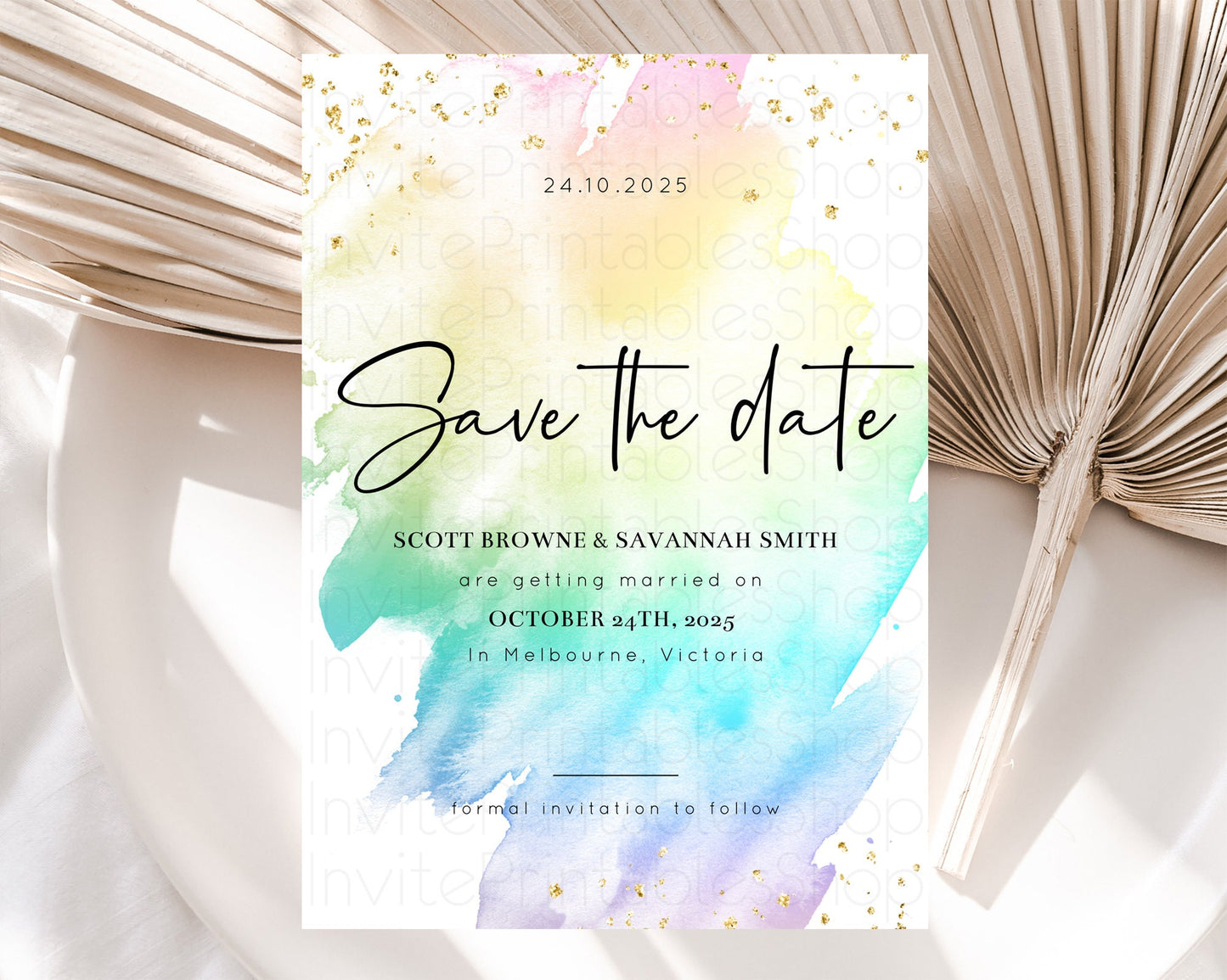 Pastel Save The Date Template Pastel Ombre Rainbow Watercolor Colorful Party For Birthday Baptism Baby Shower Wedding Bridal Shower D10279