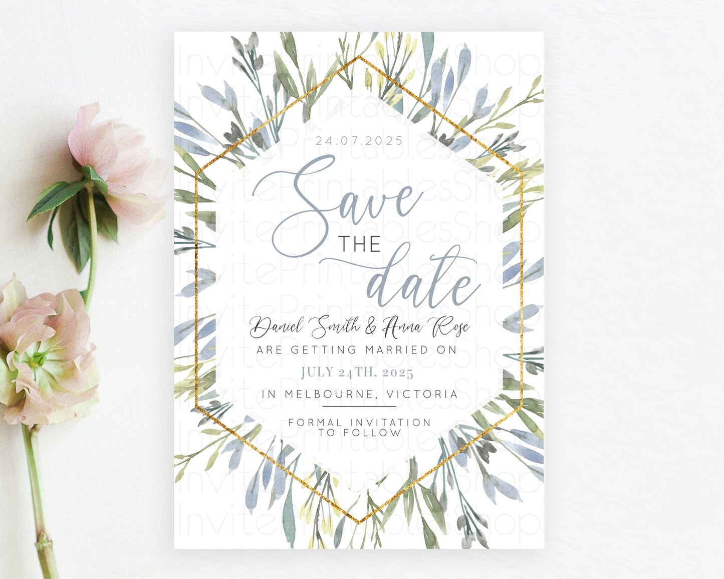Editable Green Leafy Save The Date Template Eucalyptus Fern Leaves Watercolo