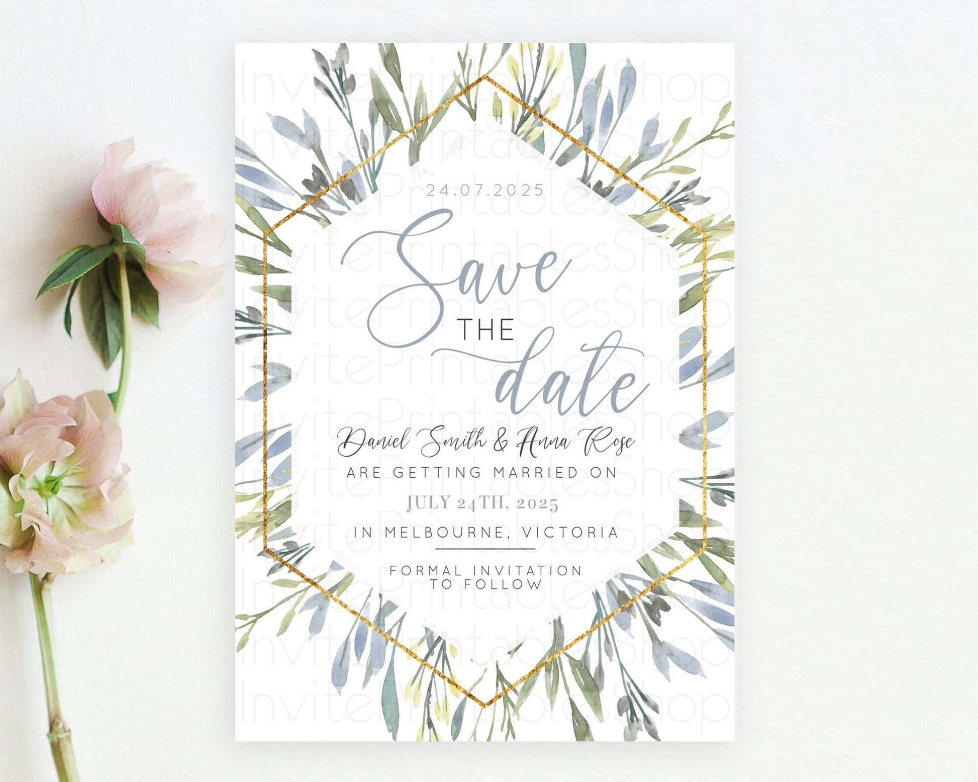 Editable Green Leafy Save The Date Template Eucalyptus Fern Leaves Watercolo