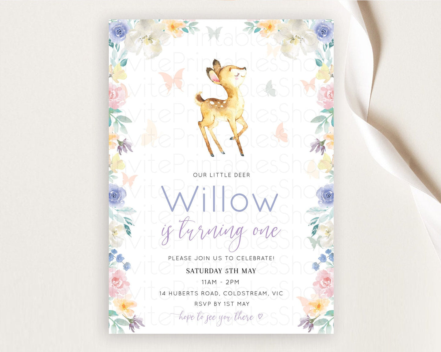 Fawn Birthday Invitation Deer Birthday Invitation Enchanted Forest Party Butterfly Pastel Flowers Whimsical 2nd 1st First Birthday D11001