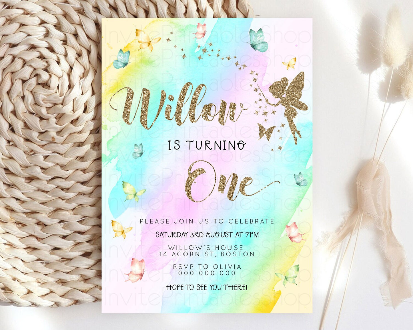 Pastel Fairy Birthday Invitation Pastel Butterflies Fairy Birthday Invitation Rainbow Ombre Watercolor 1st 2nd Birthday Invitation D23332