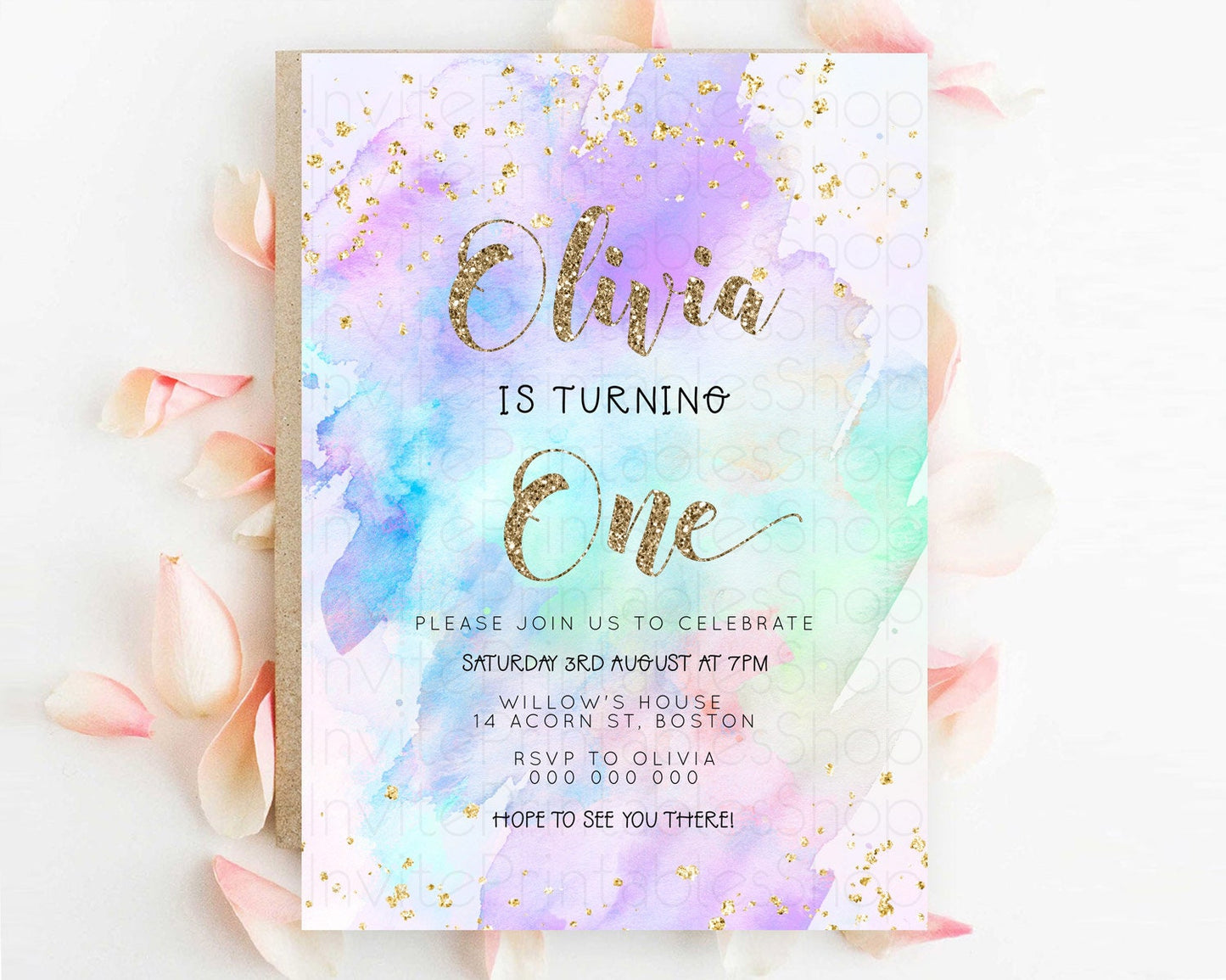 Rainbow Birthday Invitation Colorful Pastel Watercolor Invitation Gold Glitter Sprinkles Ombre Pastel 1st 2nd 3rd Birthday D23291