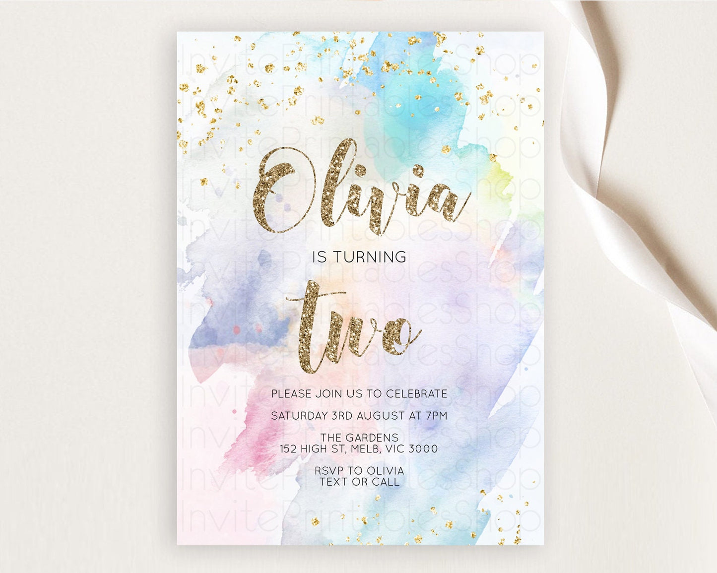 Rainbow Birthday Invitation Colorful Pastel Watercolor Invitation Gold Glitter Sprinkles Ombre Pastel 1st 2nd 3rd Birthday D10421