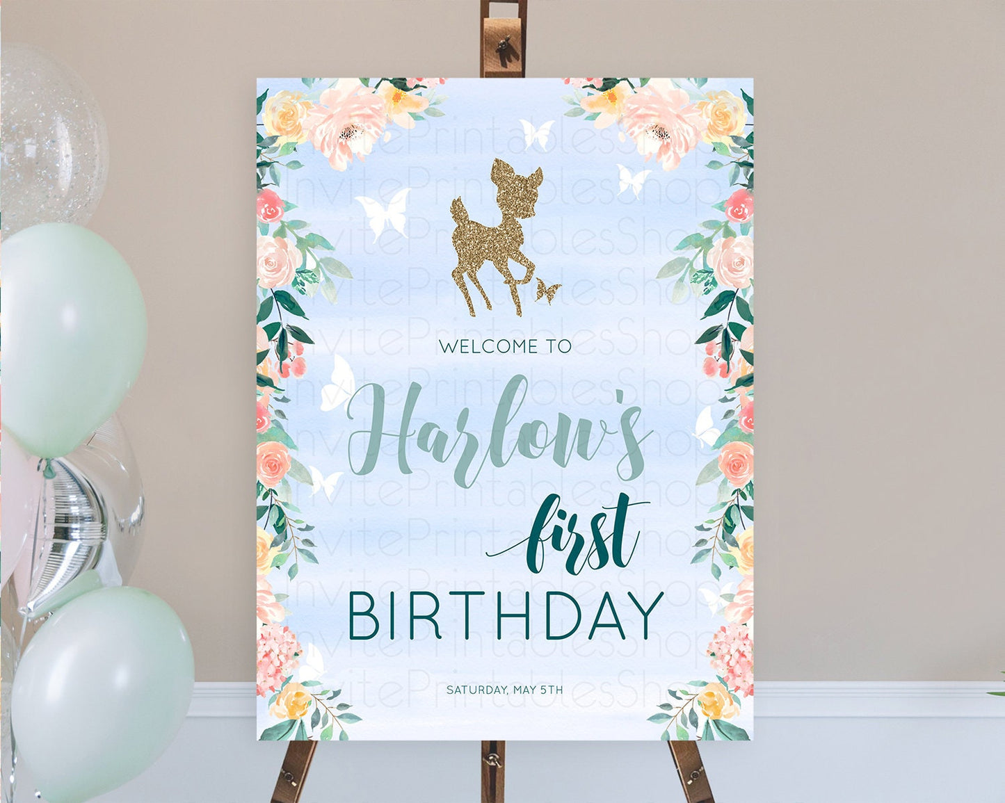 Fawn Welcome Sign Deer Welcome Board Floral Deer Welcome Poster Enchanted Forest Butterfly Pastel Floral First Birthday Welcome Sign D10875