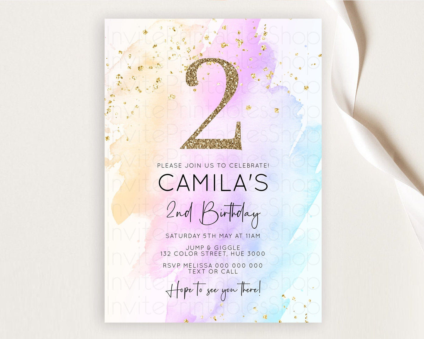 Rainbow Birthday Invitation Colorful Pastel Watercolor Invitation Gold Glitter Sprinkles Ombre Pastel 1st 2nd 3rd Birthday D10177