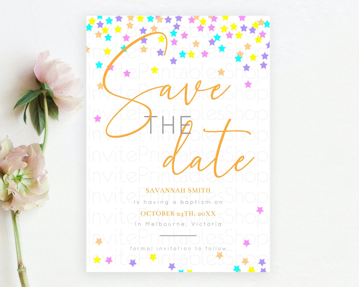 Twinkle Stars Save The Date Template Pastel Twinkle Little Star Party Shooting Star Confetti Sprinkles Birthday Baptism Baby Shower D10397