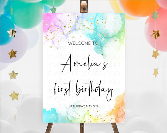 Pastel Welcome Sign Pastel Rainbow Welcome Sign Colorful Rainbow Confetti Watercolor Glitter Pastel First Birthday Welcome Sign D10181