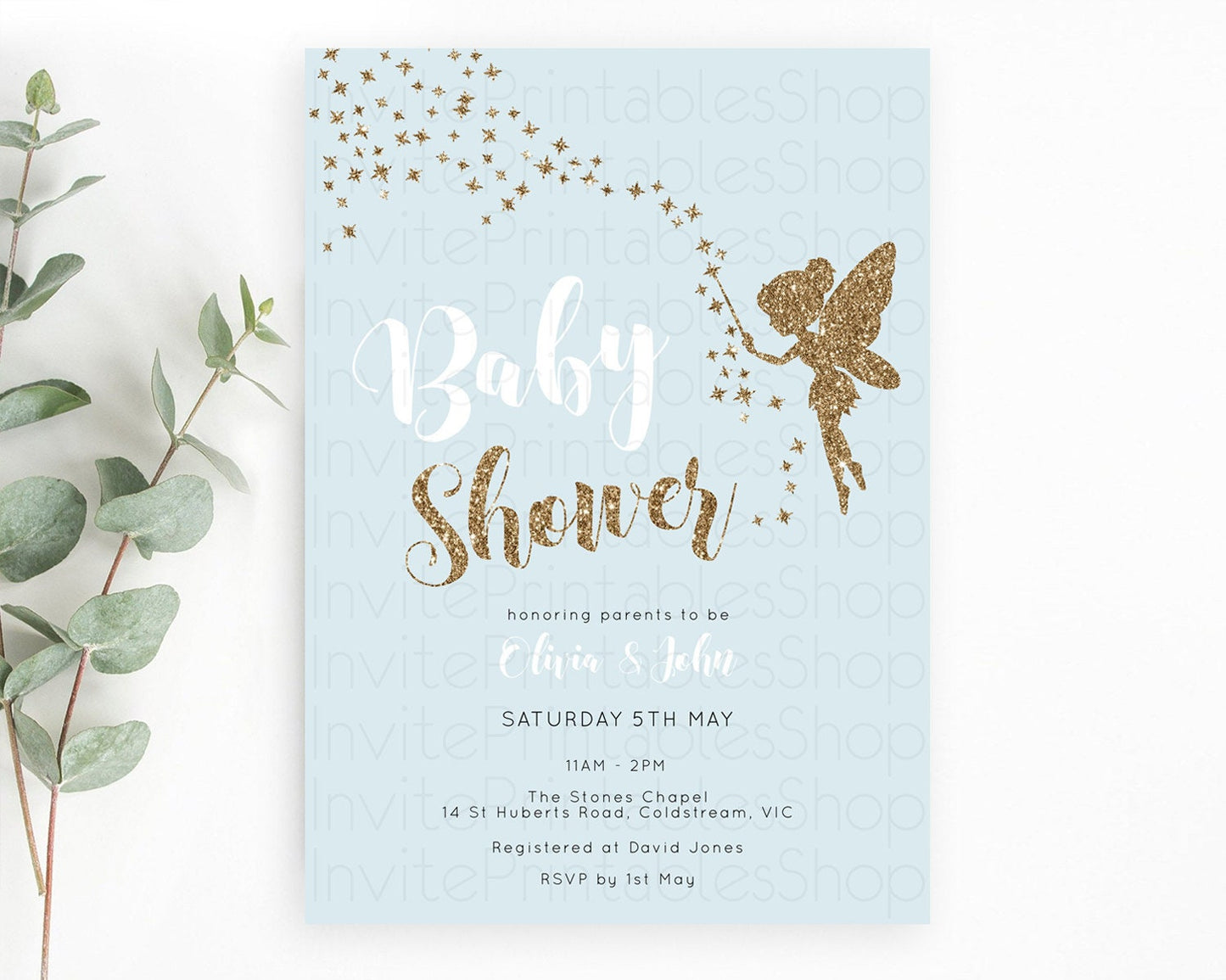 Fairy Baby Shower Invitation, Enchanted Garden, Secret Garden, Pastel Blue, Glittering Magic, Pixie Dust, Whimsical Fairy, Butterfly D10907