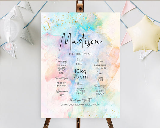 Pastel First Birthday Milestone Board Pastel Rainbow Milestone Poster Colorful Confetti Watercolor Glitter 1st Birthday Welcome Sign D10266